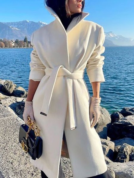 

Regular Fit Plain Elegant Stand Collar Coat, Cream, Coats