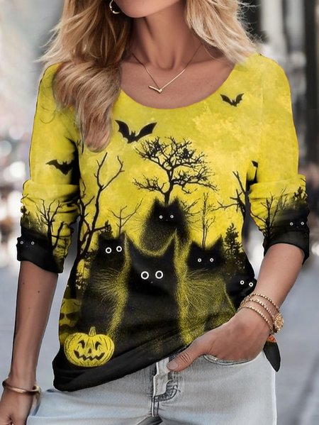 

Halloween Black Cat Funny T-Shirt, Yellow, T-Shirts