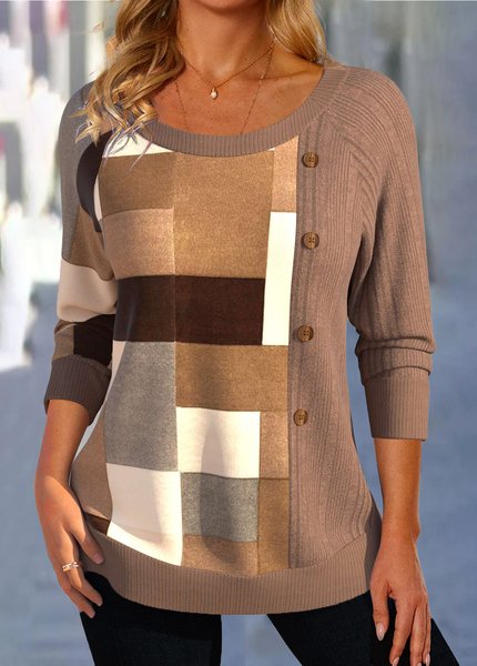 

Casual Loose Geometric Crew Neck Sweatshirt, Brown, Sweatshirts & Hoodies