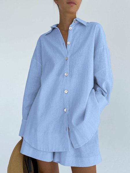 

JFN Cotton & Linen Casual Shirt Collar Two-Piece Set, Blue, Suit Set