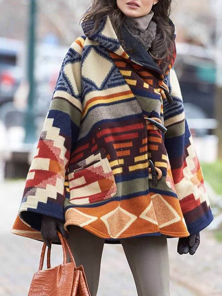 

Ethnic Geometry Hoodie Pockets Loose Urban Coat, As picture, Coats