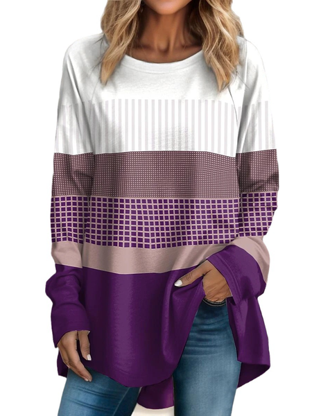 

Tops Fashion Printed Round Neck Long Sleeve T-Shirt, Purple, Long sleeves
