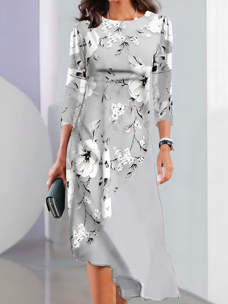 

Color Block Crew Neck Loose Casual Dress With No Belt, Gray, Dresses
