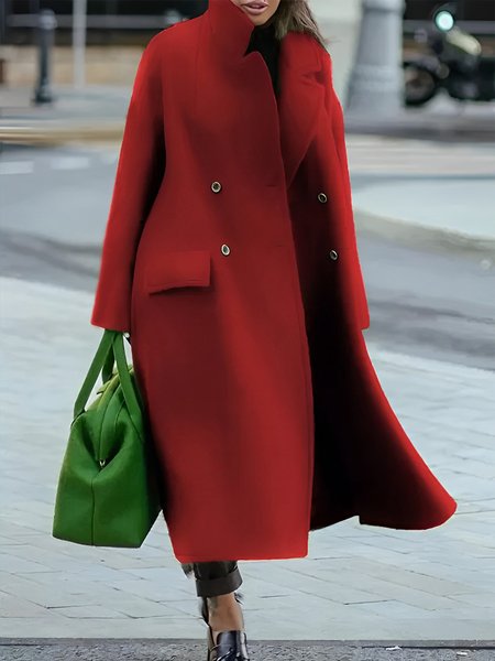 

Urban Plain Lapel Collar Loose Buttoned Coat, Red, Coats