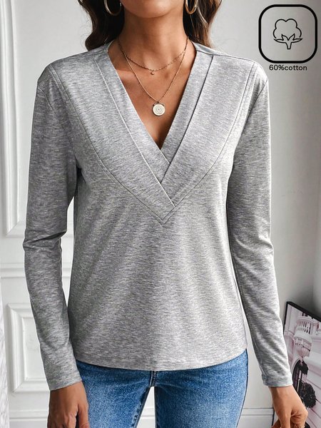 

Women Plain V Neck Casual Long Sleeve T-shirt, Gray, Long Sleeves