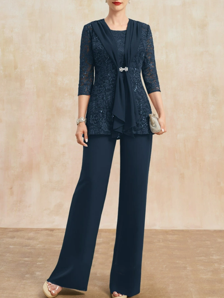 

Crew Neck Elegant Plain Two-Piece Set, Deep blue, Jumpsuits＆Rompers