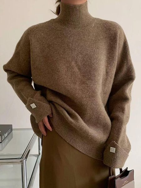 

Urban Simple Plain Turtleneck Long Sleeve Sweater, Brown, Pullovers