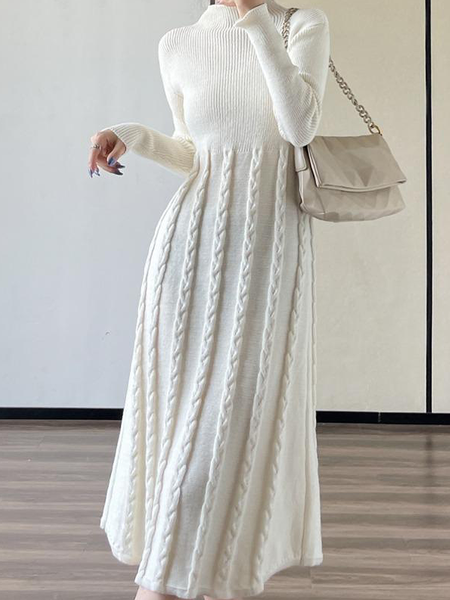 

Regular Fit Elegant Plain Stand Collar Long Sleeve Sweater Maxi Dress, White, Maxi Dresses