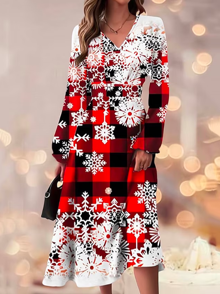 

Casual Christmas V Neck Dress With No Belt, Red, Dresses