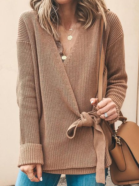 

Casual Acrylic Lace-Up Loose Sweater, Khaki, Sweaters