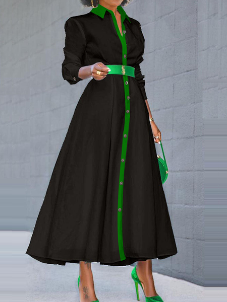 

Regular Fit Elegant Color Block Long Sleeve Shirt Dress With No Belt, Black, Maxi Dresses