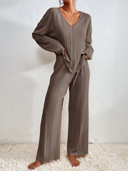 

Casual V Neck Plain Loose Two-Piece Set, Brown, Suit Set