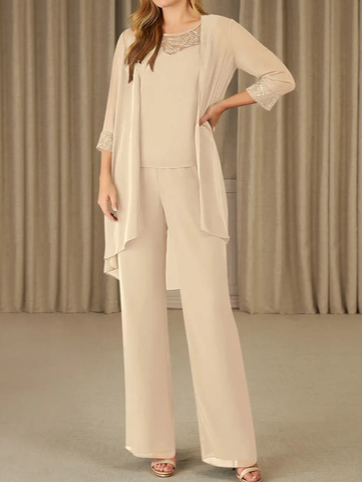 

Loose Crew Neck Plain Elegant Matching Outfit, Apricot, Jumpsuits＆Rompers