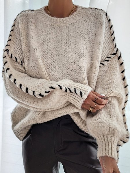 

Crew Neck Loose Casual Color Block Sweater, Off-white, Pullovers