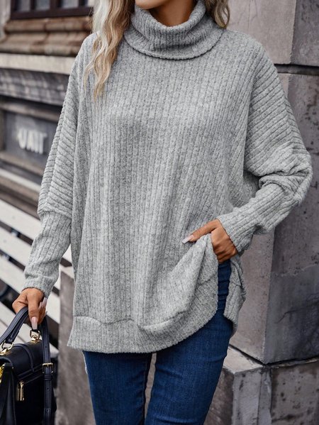 

Casual Knitted Turtleneck Plain Sweatshirt, Gray, Sweatshirts & Hoodies
