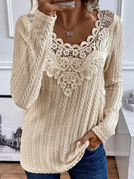 

Casual Lace Loose Plain Shirt, Khaki, Blouses & Shirts