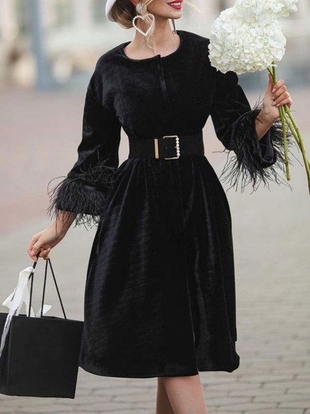 

Elegant Plain Regular Fit Crew Neck Feather Coat, Black, Coats