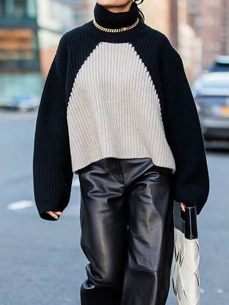 

High Elasticity Loose Turtleneck Long Sleeve Urban Sweater, Black-white, Pullovers