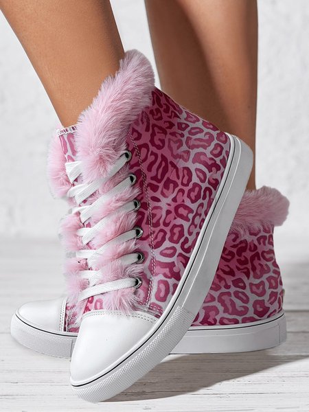 

Casual Pink Leopard Faux Fur Lined High Top Canvas Shoes, Sneakers