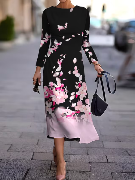 

Color Block Crew Neck Casual Dress With No Belt, Pink, Dresses