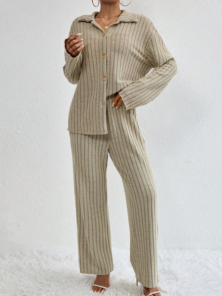 

Loose Casual Drop Shoulder Button Front Top & Pants Two-Piece Set, Apricot, Suit Set