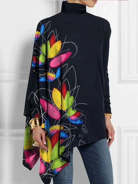 

Plus Size Turtleneck Urban Long Sleeve Floral Loose Shirt, As picture, Plus Tops