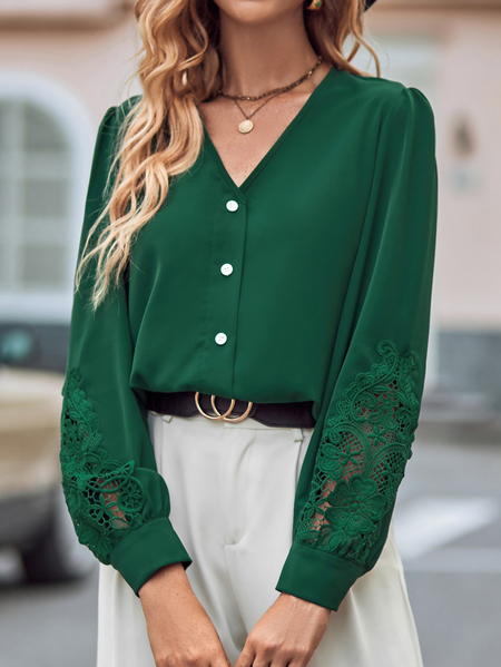 

Loose V Neck Casual Plain Shirt, Darkgreen, Shirts & Blouses