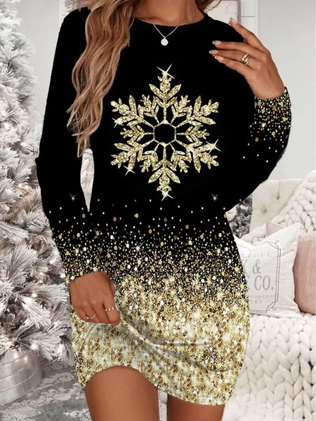 

Casual Crew Neck Snowflake Dress, Black, Dresses
