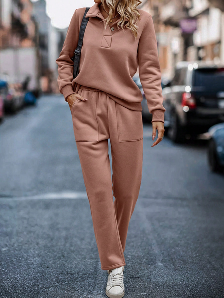 

Buttoned Cotton-Blend Casual Plain Polo Neck Sweatshirt & Sweatpants Two-Piece Set, Orange pink, Suit Set