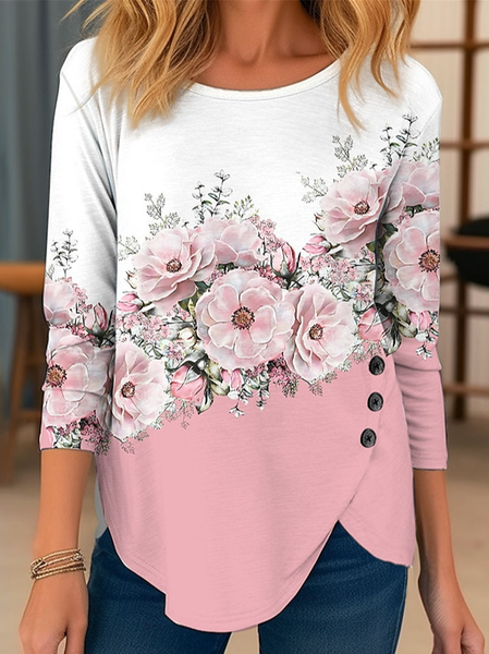 

Crew Neck Casual Floral T-Shirt, Pink, T-Shirts