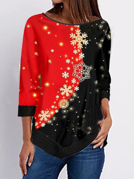 

Casual Loose Snowflake Jersey T-Shirt, Black-red, Shirts & Blouses