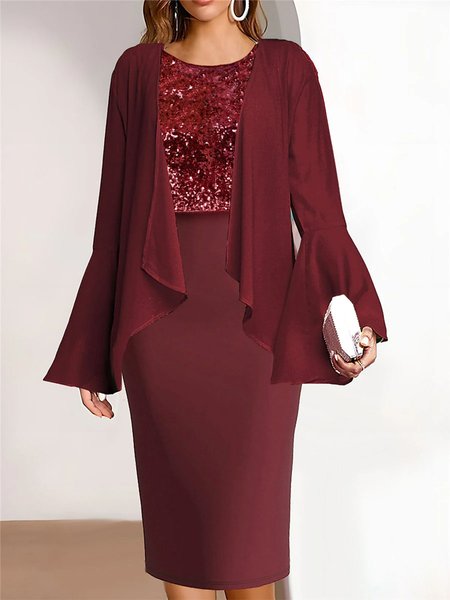 

Regular Fit Plain Flare Sleeve Elegant Two-Piece Set, Red, Party Dresses
