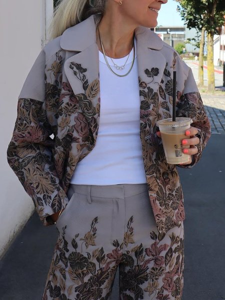 

Floral Urban Loose Shawl Collar Jacket, As picture, Jackets