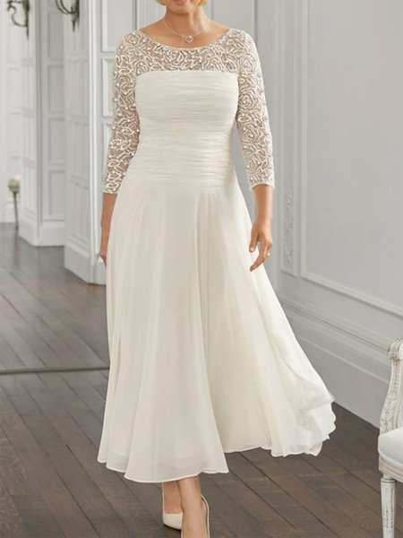 

Crew Neck Regular Fit Elegant Chiffon Dress, White, Party Dresses