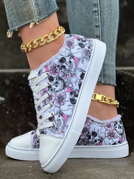

Halloween Skull Floral Lace-Up Canvas Shoes, As picture, Sneakers