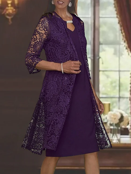 

Regular Fit Crew Neck Lace Elegant Two-Piece Set, Purple, Party Dresses