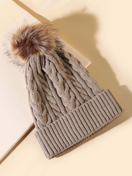 

Fuzzy Ball Warmth Twist knitted Beanie, Khaki, Women Hats