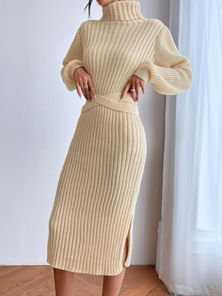 

Regular Fit High Elasticity Elegant Turtleneck Long Sleeve Sweater Midi Dress, Apricot, Midi Dresses
