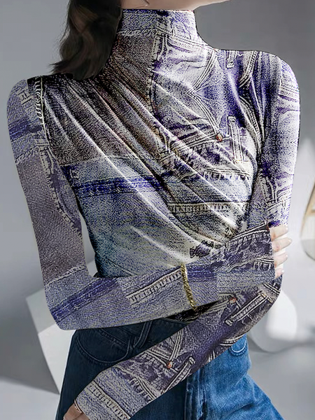 

High Elasticity Tight Abstract Elegant Turtleneck Long Sleeve Shirt, As picture, Blouses and Shirts