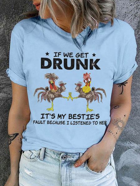 Women's We Drunk Cotton Text Letters Crew Neck Casual T Shirt