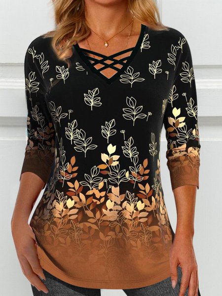 

Floral Cross Regular Fit V Neck Casual T-Shirt, Black, T-Shirts