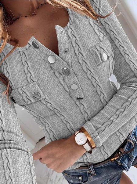 Regular Fit Knitted Casual Plain Shirt, Gray, Shirts & Blouses