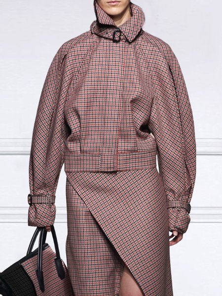 

Plaid Urban Stand Collar Long Sleeve Jacket, Red, Jackets