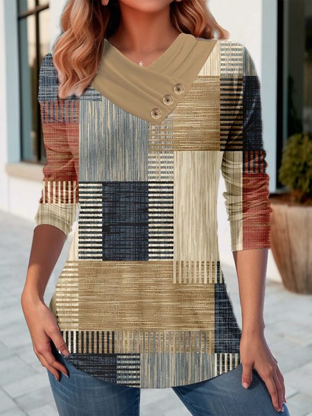 

Loose Colorblock Cross Neck Casual Shirt, Khaki, Shirts & Blouses