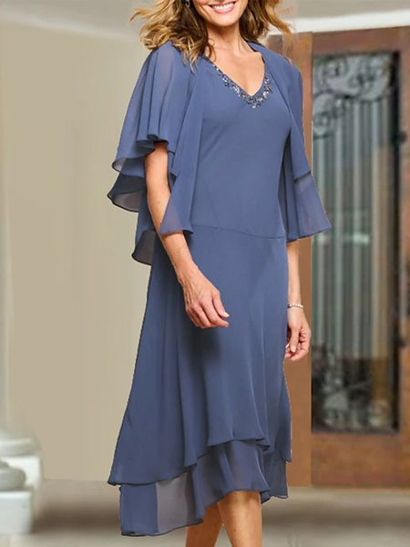 

Elegant V Neck Hot Drilling Plain Two-Piece Set, Blue, Party Dresses