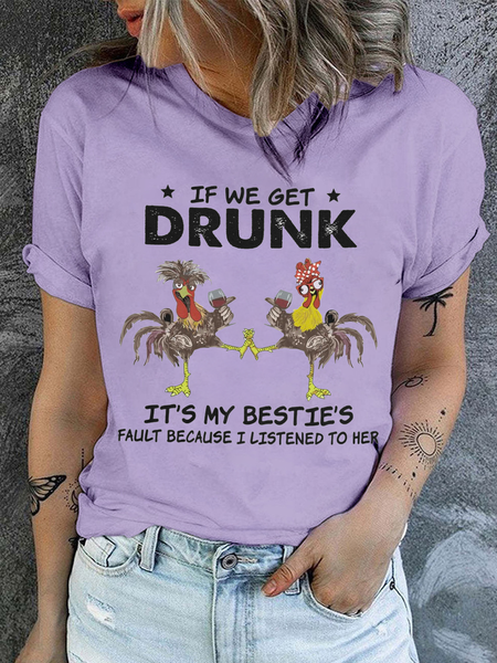 Women's We Drunk Cotton Text Letters Crew Neck Casual T Shirt