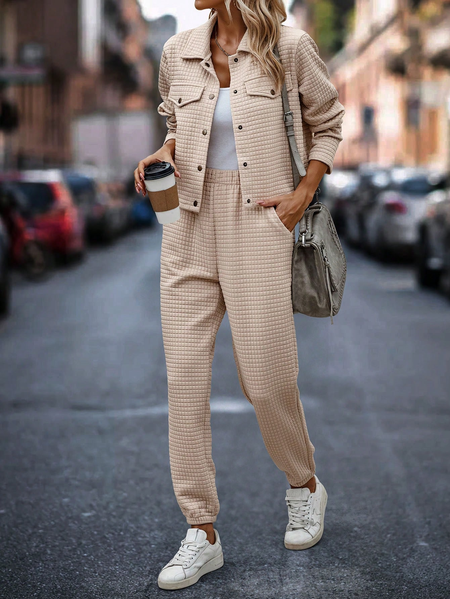 

Casual Knitted Flap Detail Jacket & Sweatpants Two-Piece Set, Khaki, Suit Set