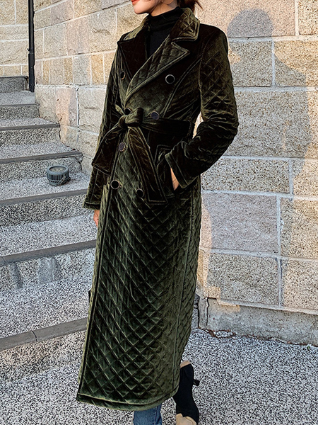 

Regular Fit Elegant Plain Lapel Collar Long Sleeve Padded Mid-long Jacket, Green, Padded Jackets