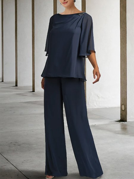 

Crew Neck Elegant Plain Chiffon Two-Piece Set, Dark blue, Suit Set