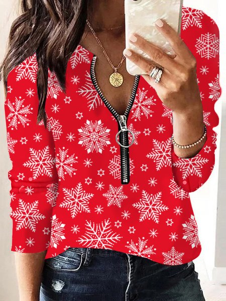 

Christmas Half Open Collar Casual Loose Sweatshirt, White-red, Sweatshirts & Hoodies